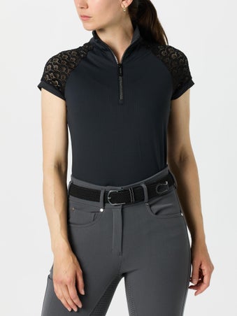 Kastel Black Cap Sleeve Scallop Lace Shirt w/ Crystal