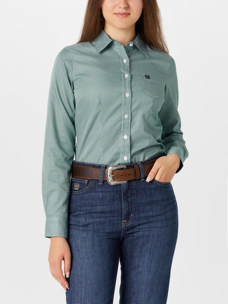 Cinch Womens Teal Stripe Long Sleeve Button Down Shirt
