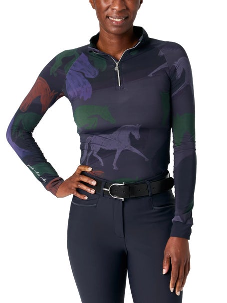 Dapplebay Womens Abstract Horses 1/4 Zip LS Riding Top