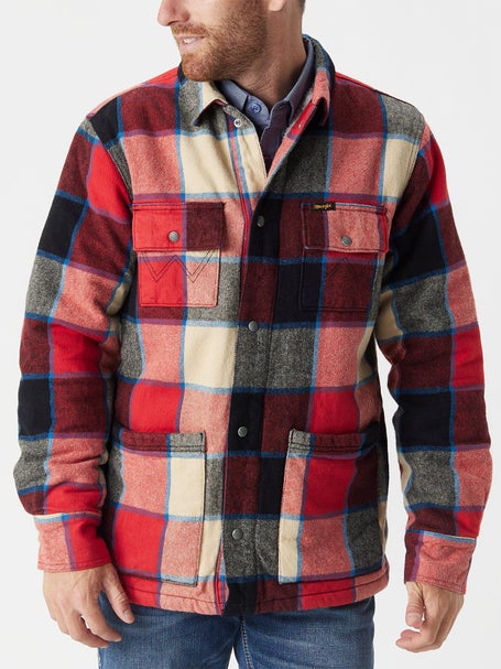 Wrangler 112318490 Sherpa Lined Flannel Jacket in Racing Red Plaid﻿