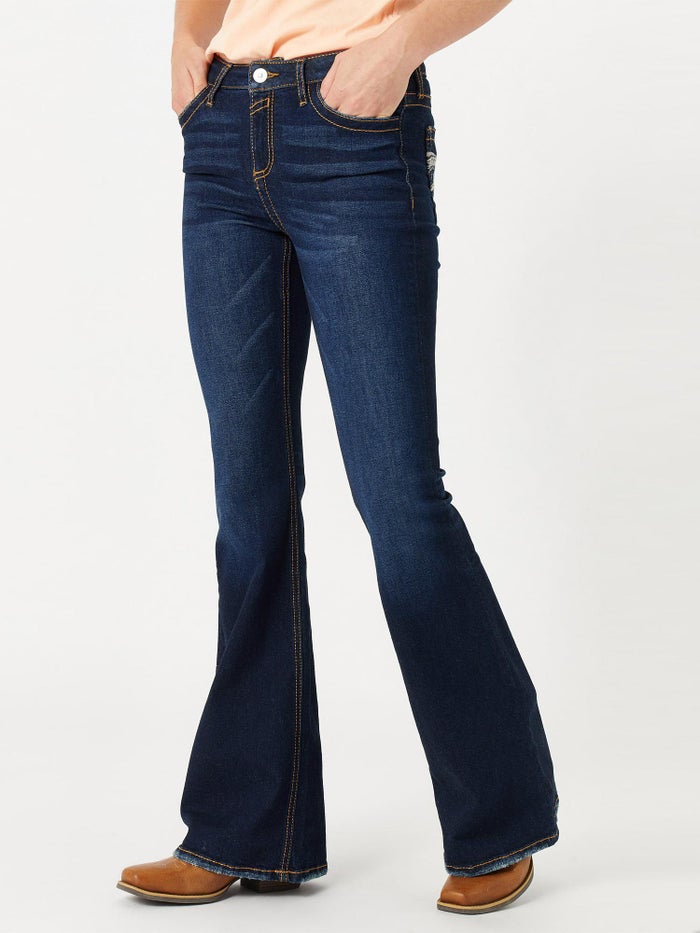 high rise dark wash flare jeans