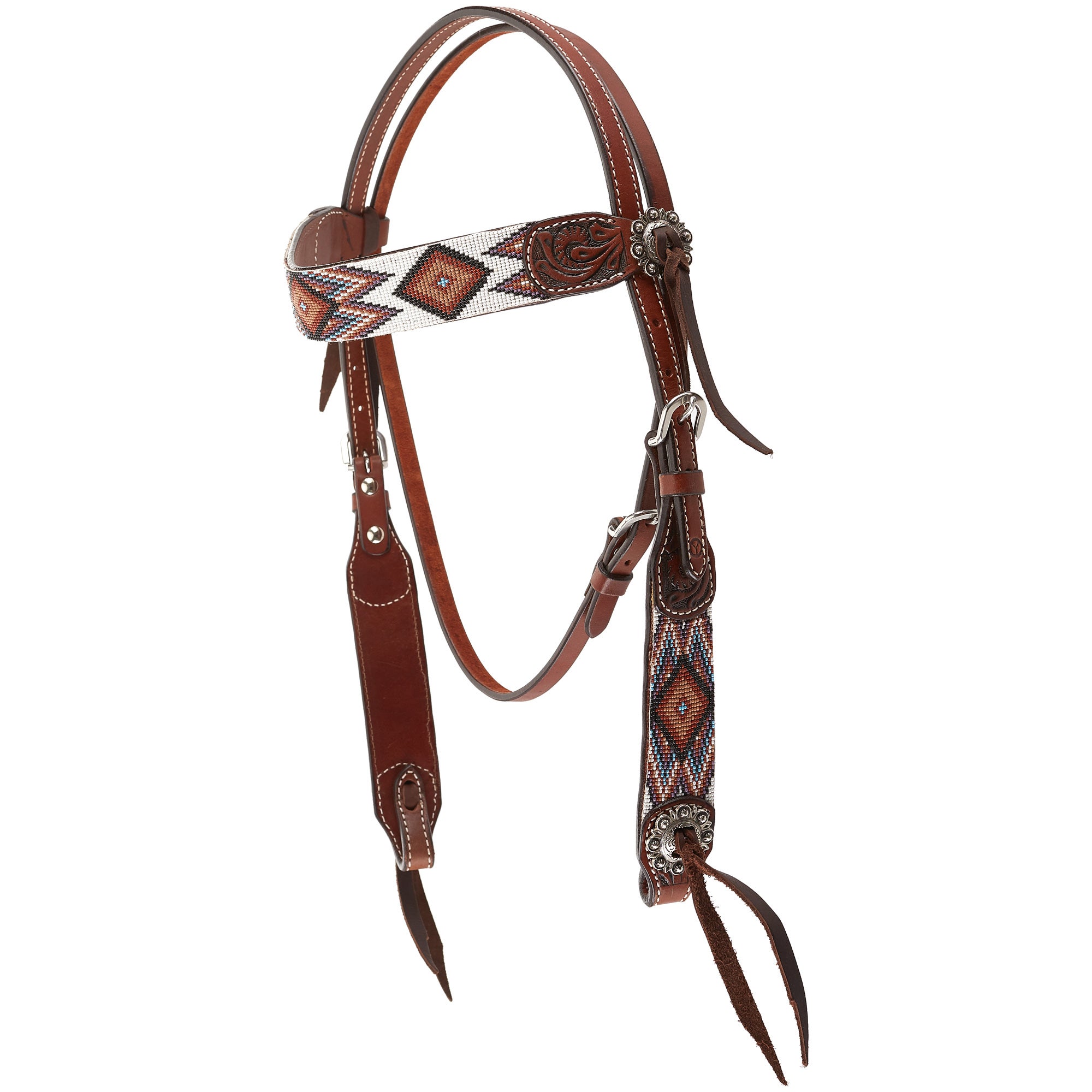 Western Brown Leather Hand Carved Set of Two Headstall with Beaded INlay 