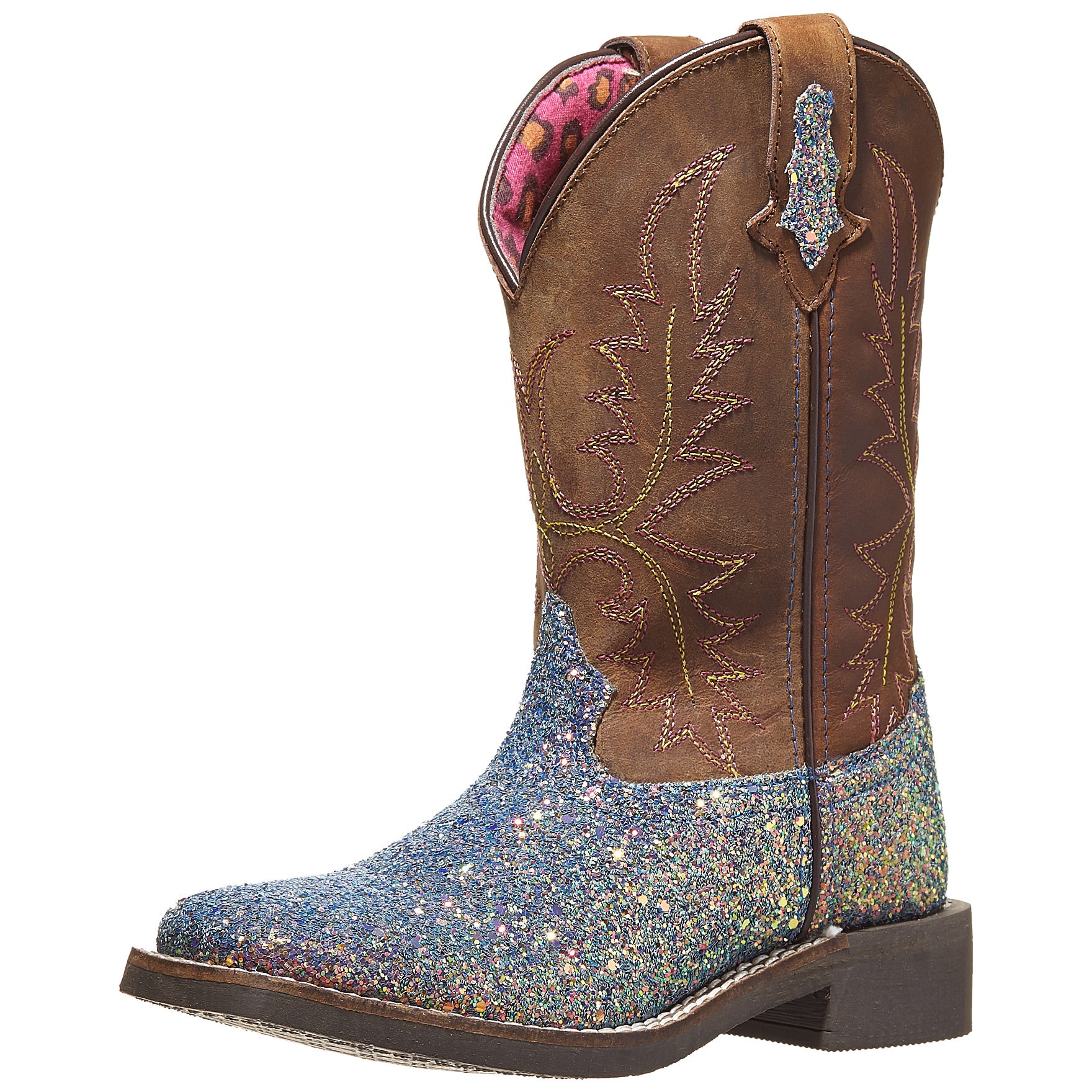 Genuine Leather Glitter Foot Man-Made Trim Smoky Mountain Boots Square Toe Ariel Series Youth Western Boot TPR Sole & Block Heel Leather Shaft & Tricot Lining 
