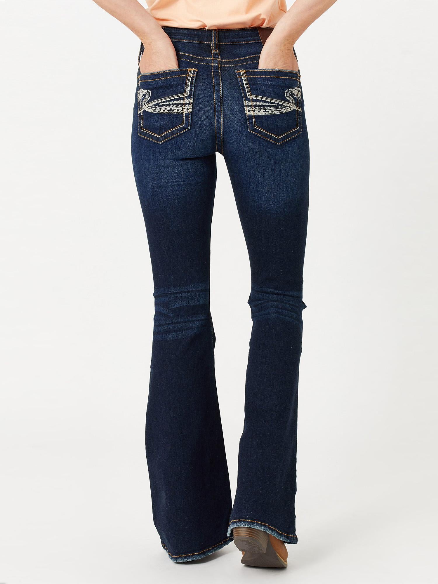 high rise dark wash flare jeans