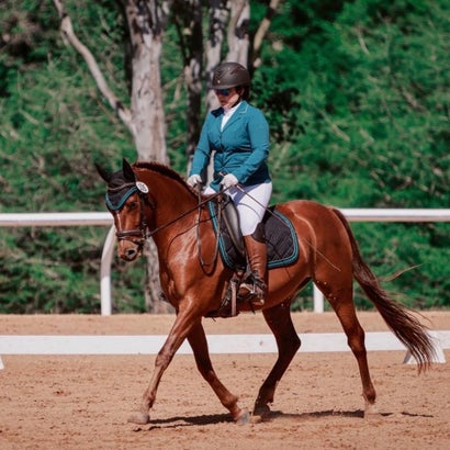 Dressage rider wearing a colorful show look according to the new USDF rules.