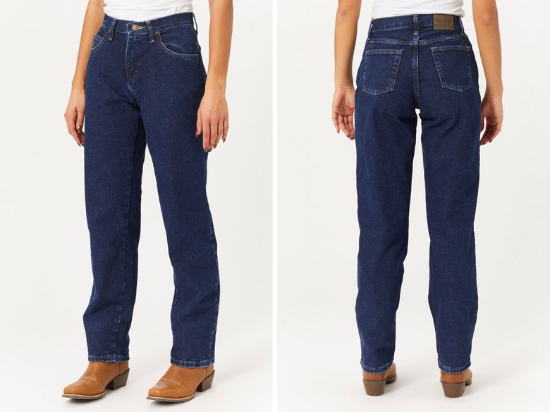 A lady modeling the Wrangler Basics Blues Mid-Rise BootCut Jeans
