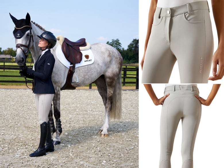 A lady standing with her grey horse in show clothes wearing the Ariat Tri Factor NT Breeches