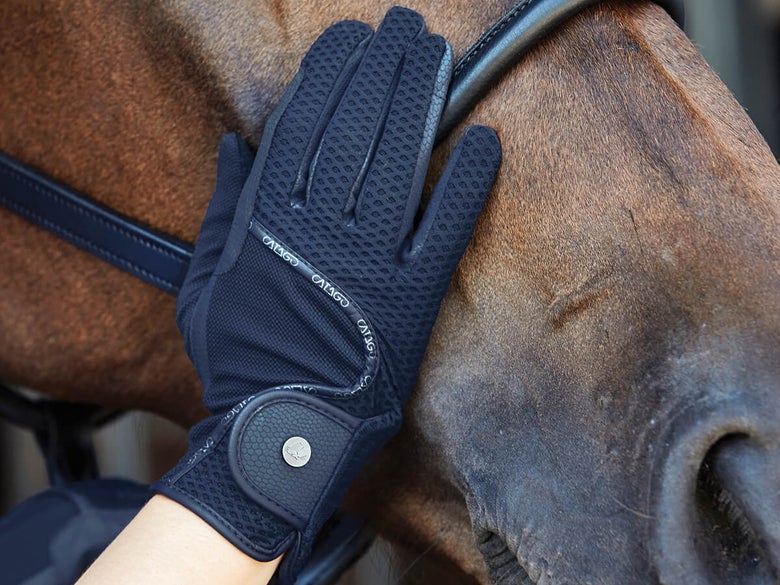 A rider petting a bay horse on the nose wearing the Catago Fir-Tech Mesh Summer Show Gloves