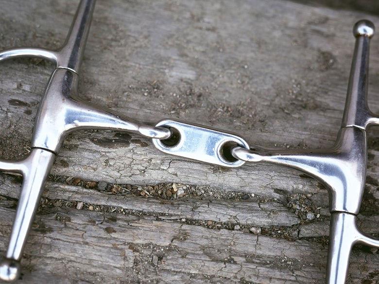 Close up image of a horse bit with a Dr. Bristol mouthpiece, laying flat on a piece of wood. 