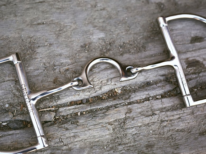 Close up image of a horse bit with a jointed port mouthpiece, laying flat on a piece of wood. 