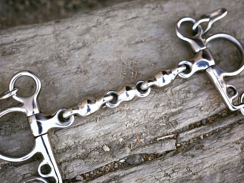 Close up image of a horse bit with a waterford mouthpiece, laying flat on a piece of wood. 