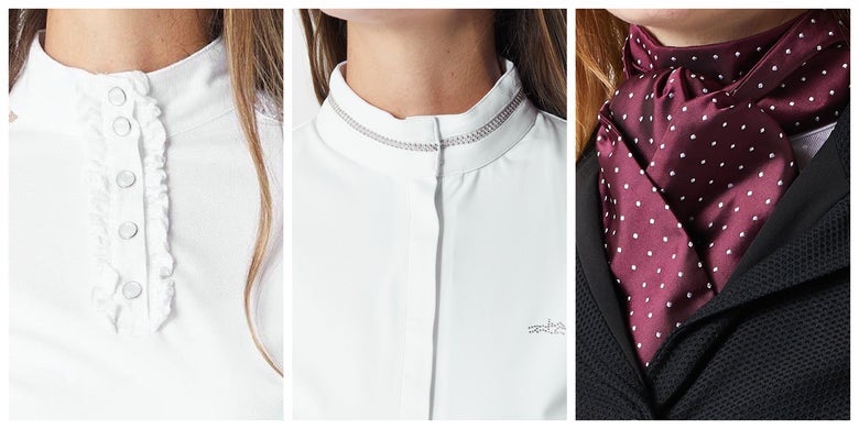 Three close-up images showing dressage and eventing legal neckwear. From left to right: a stand up collar, a choker, and a stock tie.