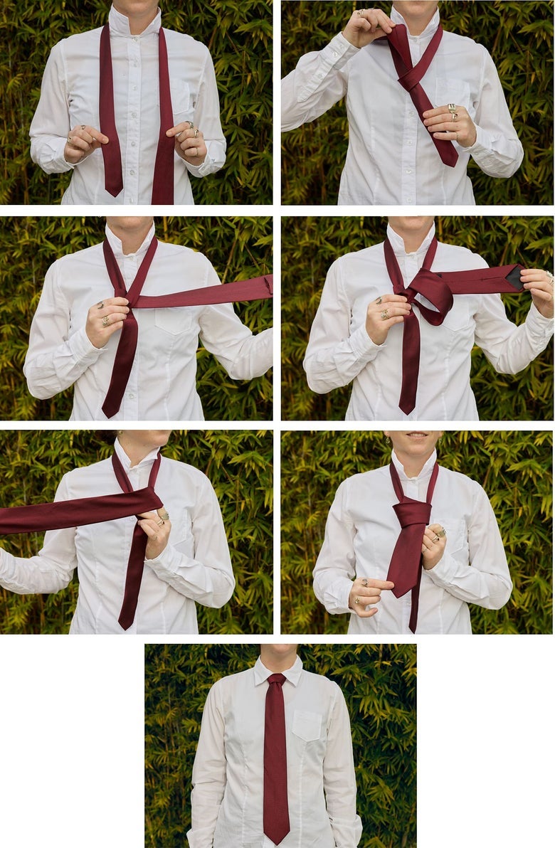 A table of several images showing a woman demonstrating a step by step guide on how to tie a tie with the double windsor knot. 