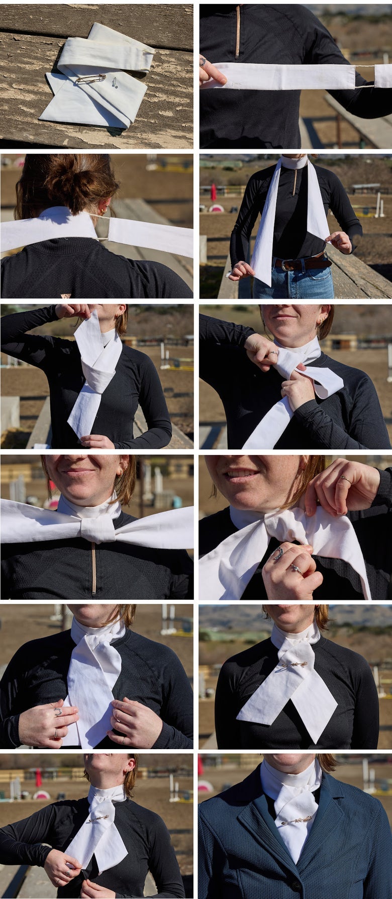 A table of several images showing a woman demonstrating a step by step guide on how to tie and pin a stock tie. 
