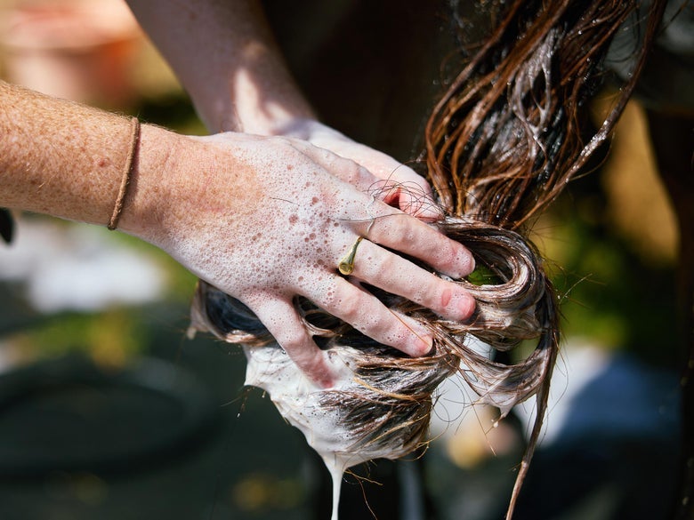 A zoomed in image of a woman's hands washing a bay horse's tail. Both the hands and the tail are sudsy. 