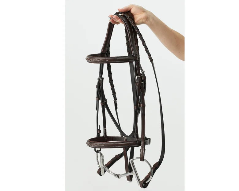 Completely assembled English bridle.