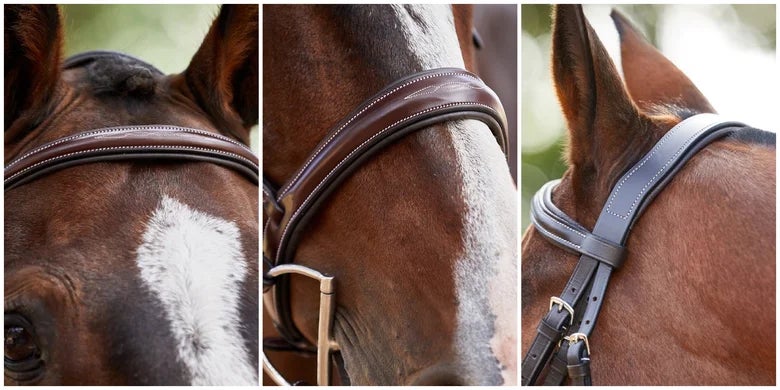 (Left to Right) Browband, Noseband or Cavesson, and Crownpiece