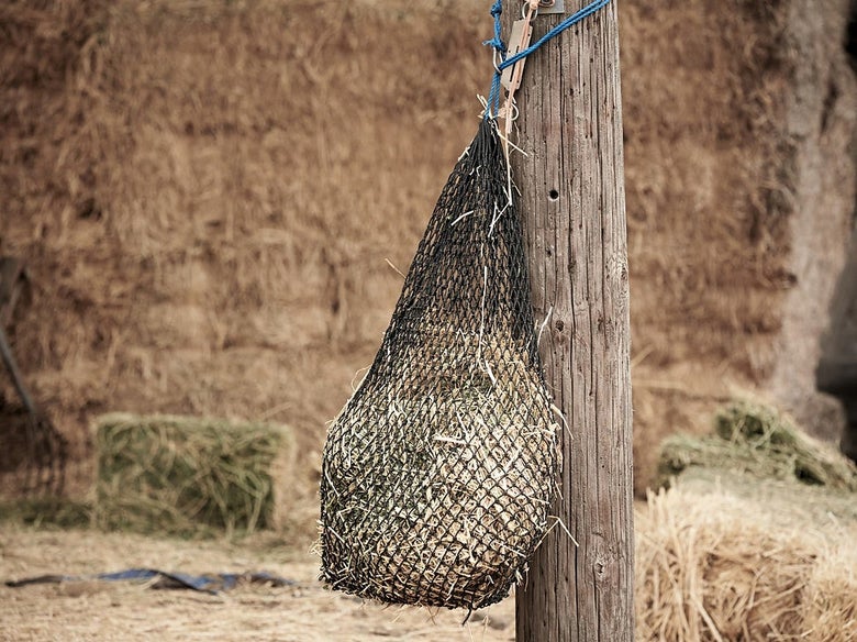 The Shires Greedy Feeder Slow Hay Net full of hay hanging on a post.