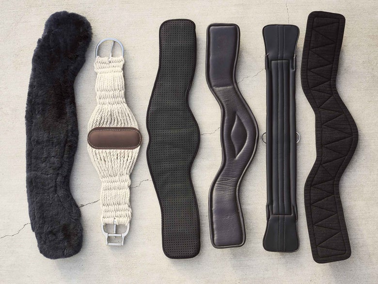 Six different styles of English girths and Western cinches all displayed next to each other.