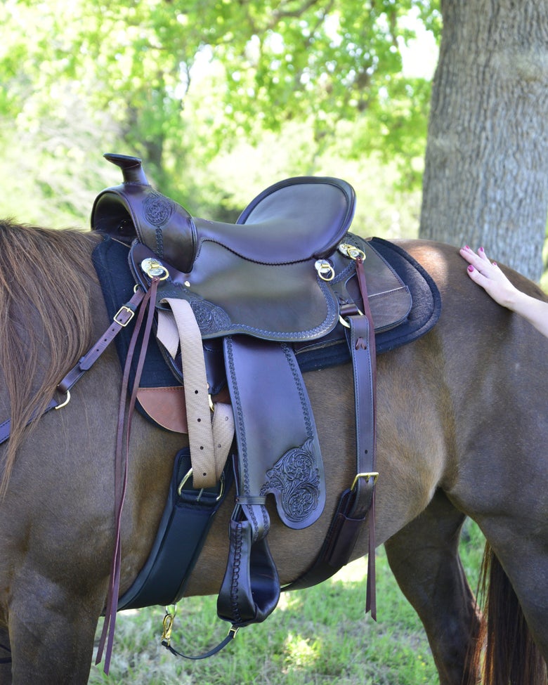 A horse wearing the Tucker Classic Series High Plains Western Trail Saddle