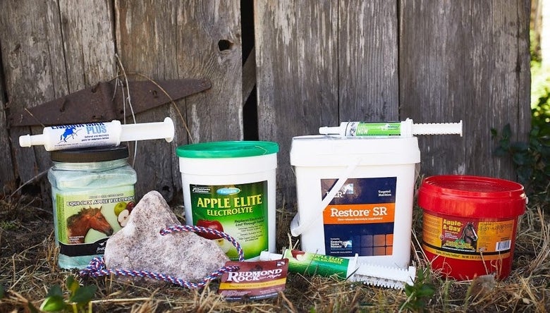 A variety of horse electrolyte supplements sitting side by side next to a wooden fence. 