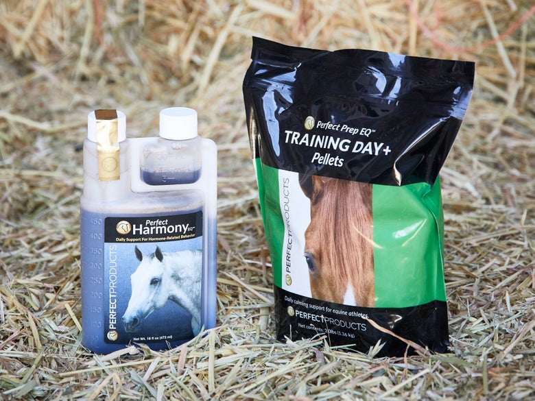 Perfect Products EQ Training Day Pellets and Perfect Harmony for daily calming support.