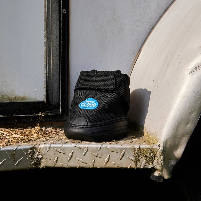 The EasyCare EasyBoot Cloud Therapeutic Hoof Boot sitting on the side of a horse trailer