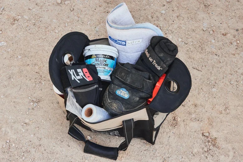 A variety of Krista's favorite horse products sitting in a bag