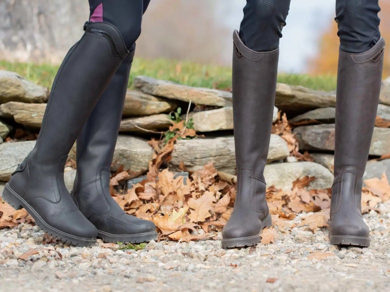 Two woman wearing Equinavia Josefine Tall Boots, one in black, one in brown.