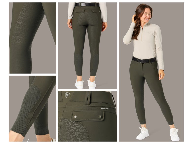 A collage of a model wearing the green colored Ariat TriFactor Frost Breeches.