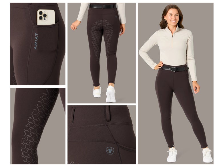 A collage of a model wearing the Brown Colored Ariat Venture Tights.