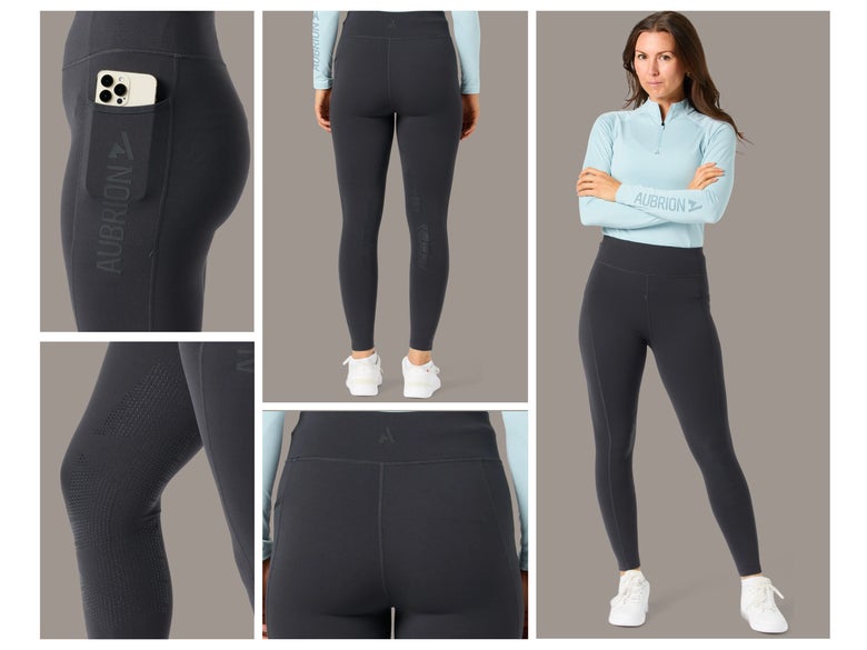 A collage of a model wearing the Grey Colored Aubrion React Tights.