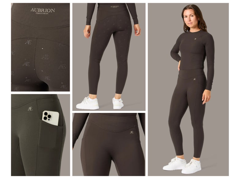 A collage of a model wearing the brown Colored Aubrion winter Tights.