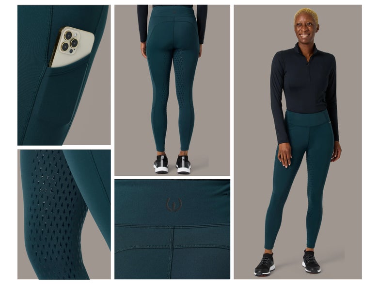 A collage of a model wearing the Jasper Colored Kerrits Thermo 2.0 tights.