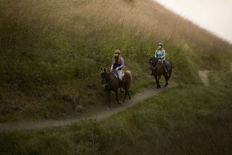 Two horseback riders on a grassy, hilly trail. They are maintaining a one-horse length distance between each other. 