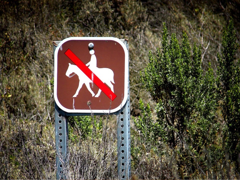 Brown sign on metal posts showing no horseback riders are allowed on a particular trail.