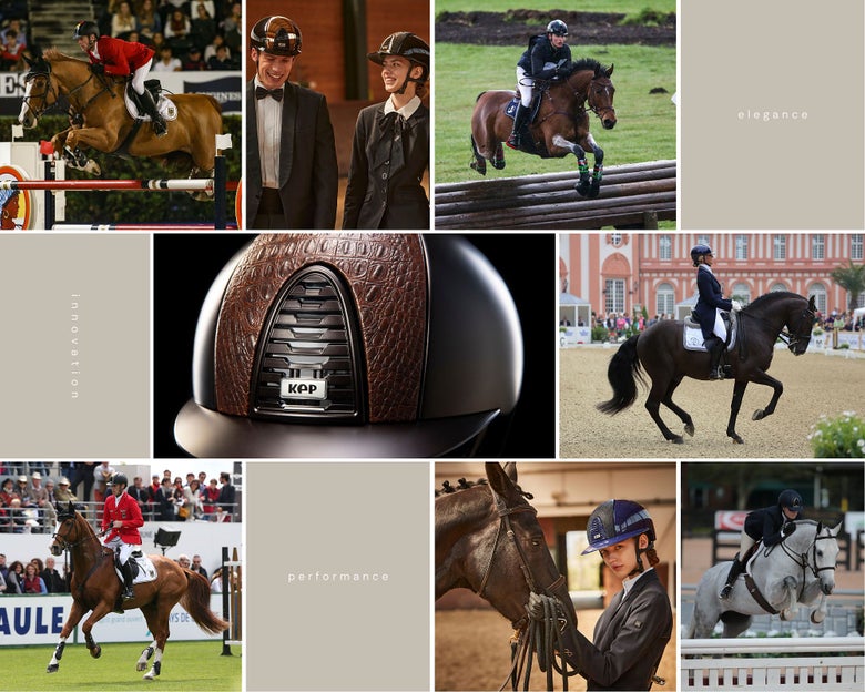 A collage of different pictures of riders wearing the KEP helmet