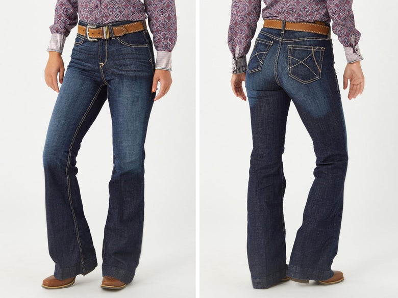A lady modeling the Ariat Ella Dark Wash Slim Trouser Jeans