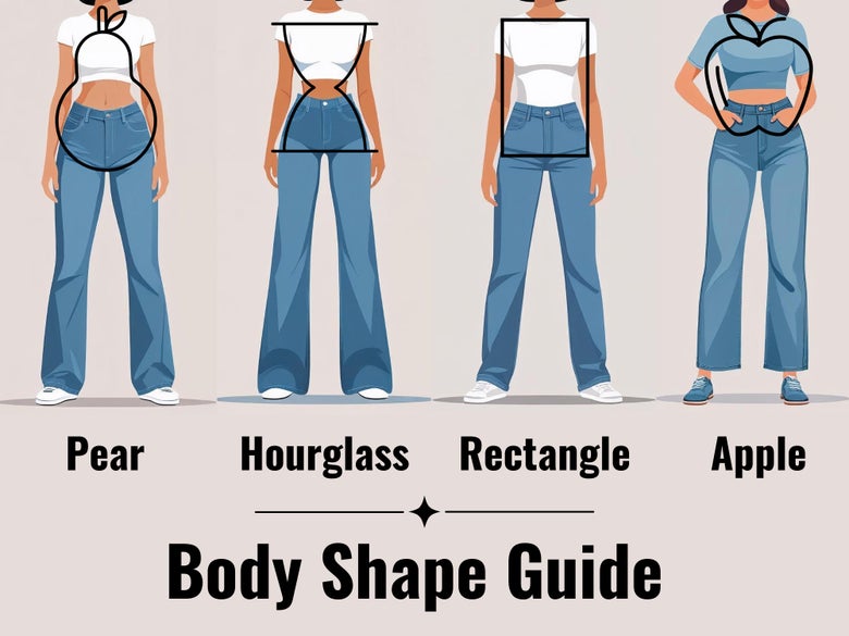 A depiction of the different body shapes of women. Pear-shaped, hourglass, athletic, apple-shaped.