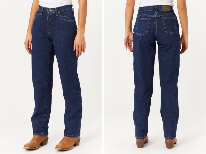 A lady modeling the Wrangler Basics Blues Mid-Rise BootCut Jeans