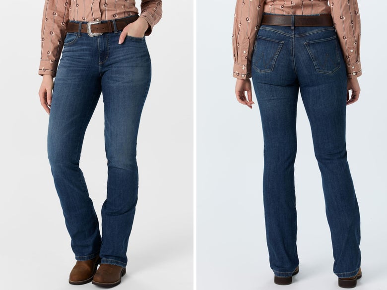 A lady modeling the Wrangler Bespoke High Rise Trouser Jeans
