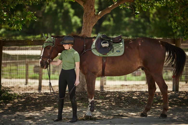 Woman standing next to her tacked up bay horse, wearing matching Cavallo tack and riding apparel in green. 