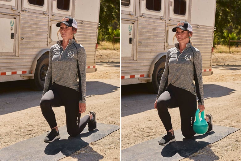 Left: Woman demonstrating a Pulse lunge without a weight. Right: Woman demonstrating a Pulse Lunge with a weight.