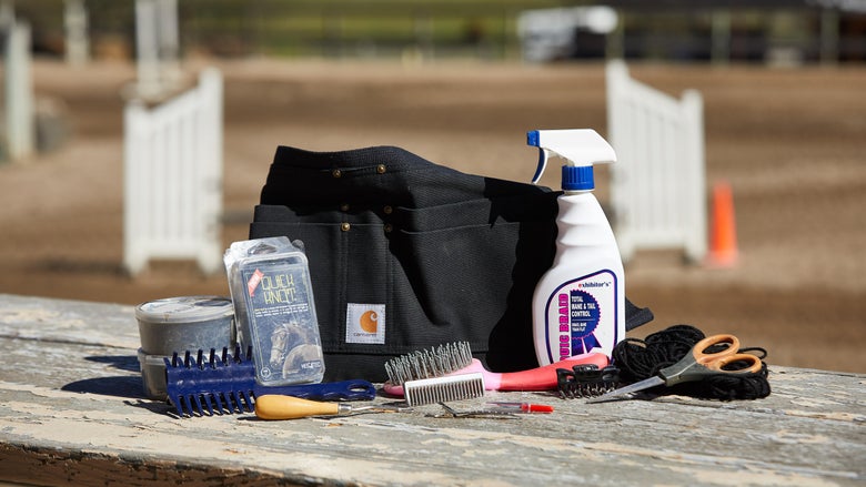 braiding supplies, including: mane comb, clips, quick knot pins, quick braid, rubber bands, scissors, and more.