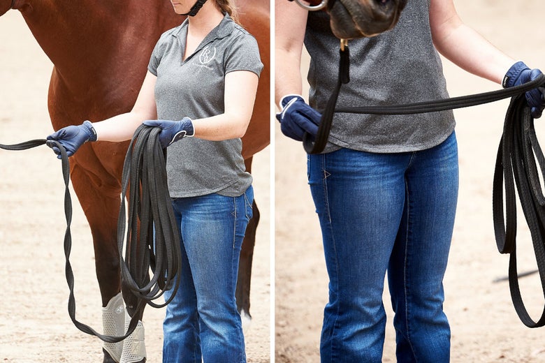 A woman shows how to hold the Lunge Line in a driving rein position when lunging a horse