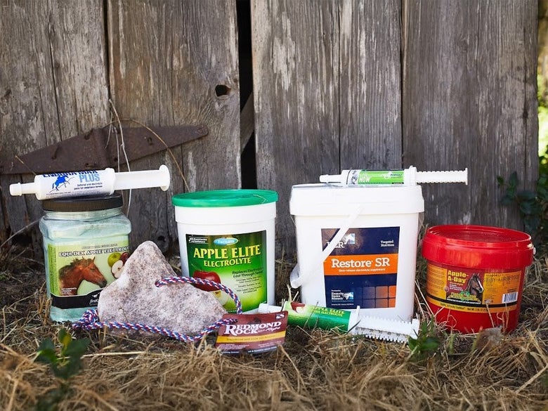 A grouping of different types of horse electrolyte supplements