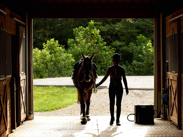 A rider leading her tacked up horse into a dark bar aisle. 