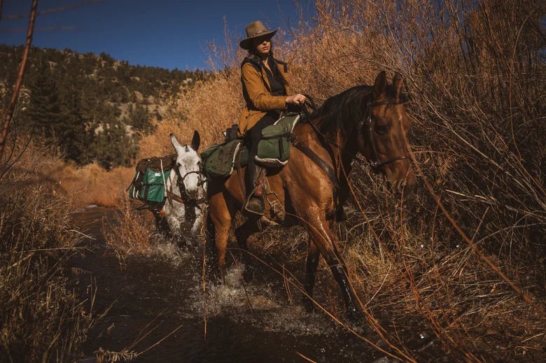 Woman riding her bay horse through a creek, leading a mule wearing a pack behind her.