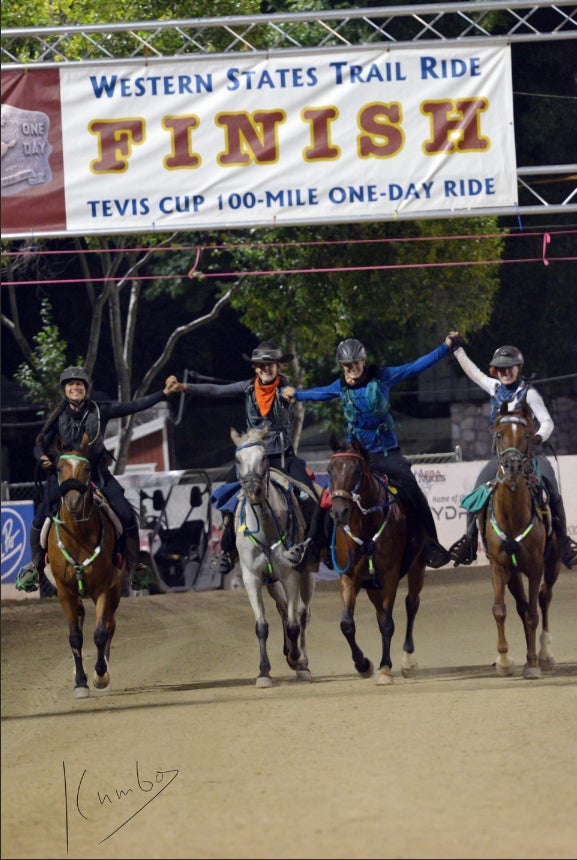 Stevie Delahunt crossing the 2024 Tevis Cup finish line.
