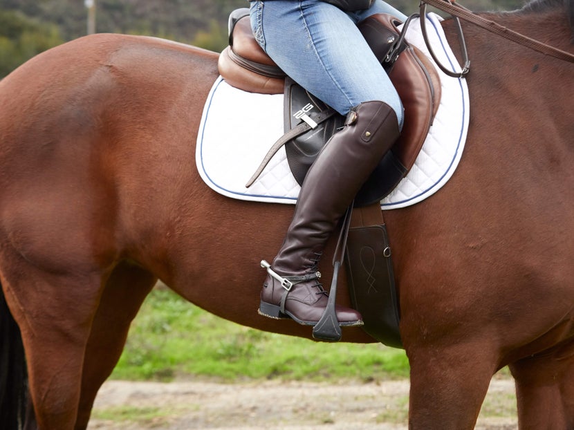 A woman wears the Compositi Reflex 3D Swivel Wide-Track Stirrups while riding a horse.